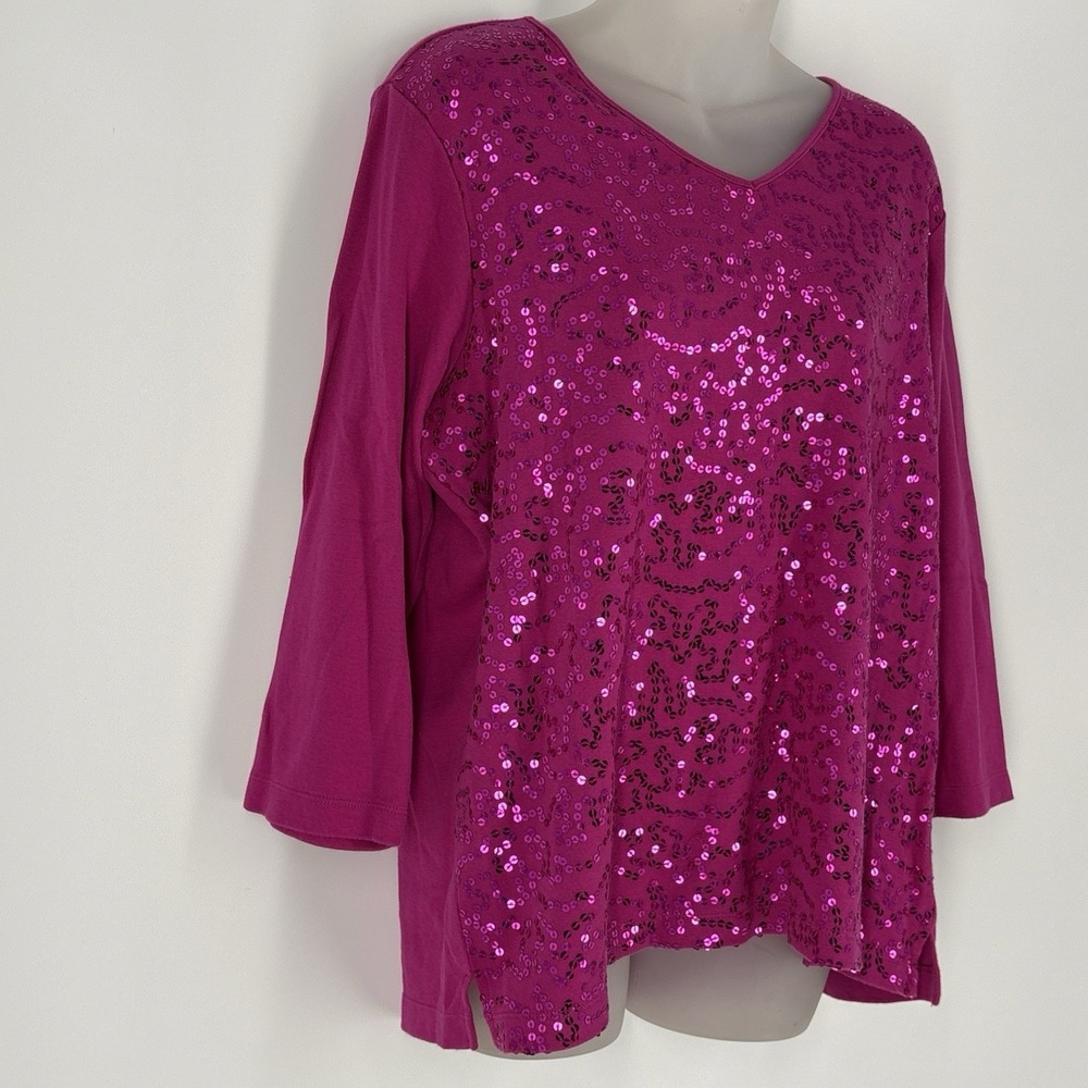 Quacker Factory Pink Sequin V-Neck Top Shirt Size L Blouse 3/4th Sleeve‎ - Picture 4 of 8